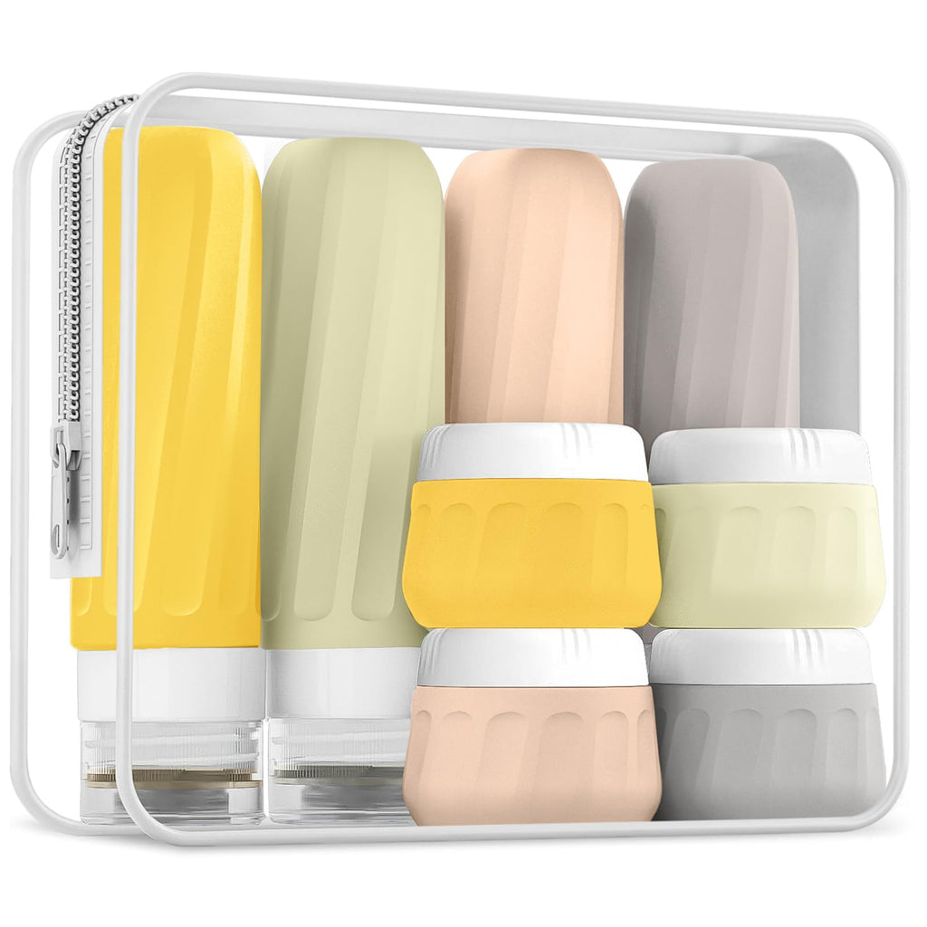Mrsdry Travel Bottles for Toiletries 8 Pack, Travel Size Toiletries, Tsa Approved Travel Size Containers 3oz, with Travel Essentials Clear Bag, Leak Proof Silicone Squeezable Creams Jars