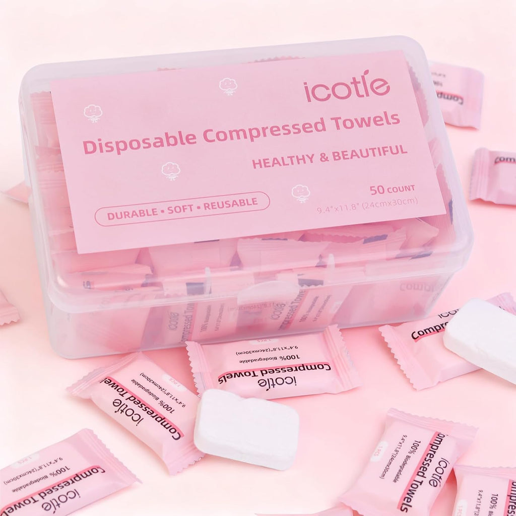 ICOTLE 50 Pcs Compressed Towels Disposable Cotton Coin Tissue Pack, Portable Face Cloths, Soft Thick Expandable Wash Towels for Travel, Home, Camping, Outdoor, Gym, Makeup Removal