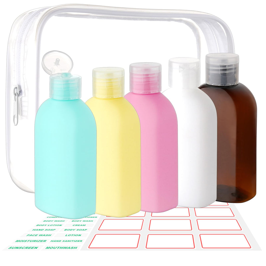 Cosywell Travel Bottles for Toiletries 5 Pack 3.4oz Travel Size Containers | Pre-Printed Shampoo, Conditioner, Body Soap, Soft Touch HDPE ,TSA Approved, Leak Proof, Squeezable Toiletry Bottle(White)