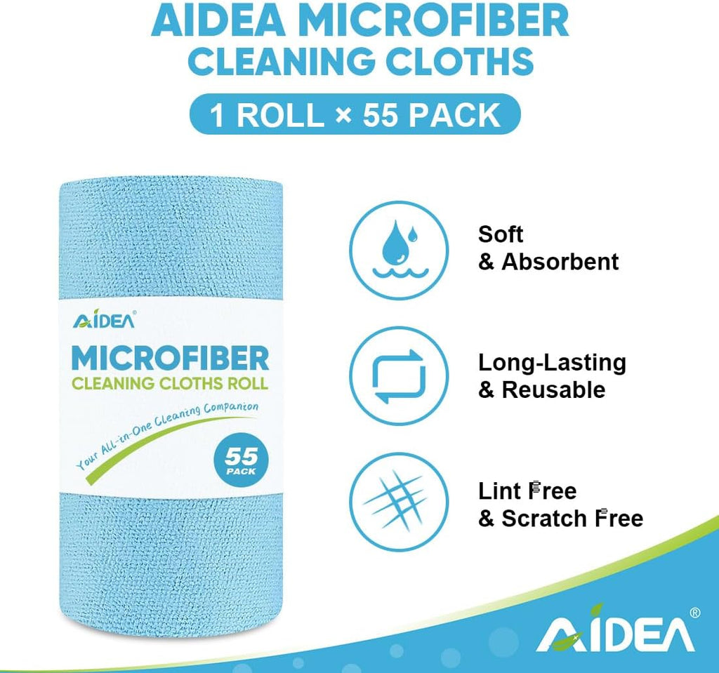 AIDEA Microfiber Cleaning Cloth Roll, Blue Shop Towels 55 Sheets 11×9" | Reusable Paper Towels, Microfiber Towels for Cars, Microfiber Rags for Automotive,Workshop, House, Kitchen, Cleaning Supplies