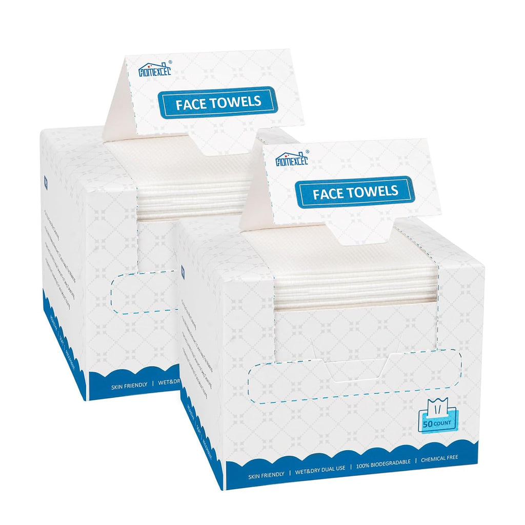 HOMEXCEL Face Towels, Disposable Face Towelette Ultra Soft & Absorbent | Biodegradable Makeup Remover Dry Wipes, Facial Wash Cloth for All Skin, Lint-Free for Skincare & Cleansing, 100 Count (2 Box)