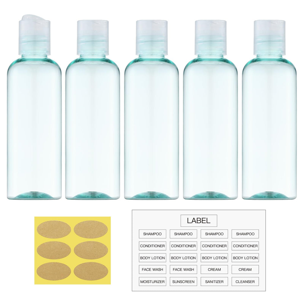 Travel Bottles for Toiletries, 3.4 oz Travel Size Containers, 5pcs, Clear | Squeezable empty plastic bottles, TSA approved, leak proof, with labels, for liquids & shampoo lotion, gym essentials
