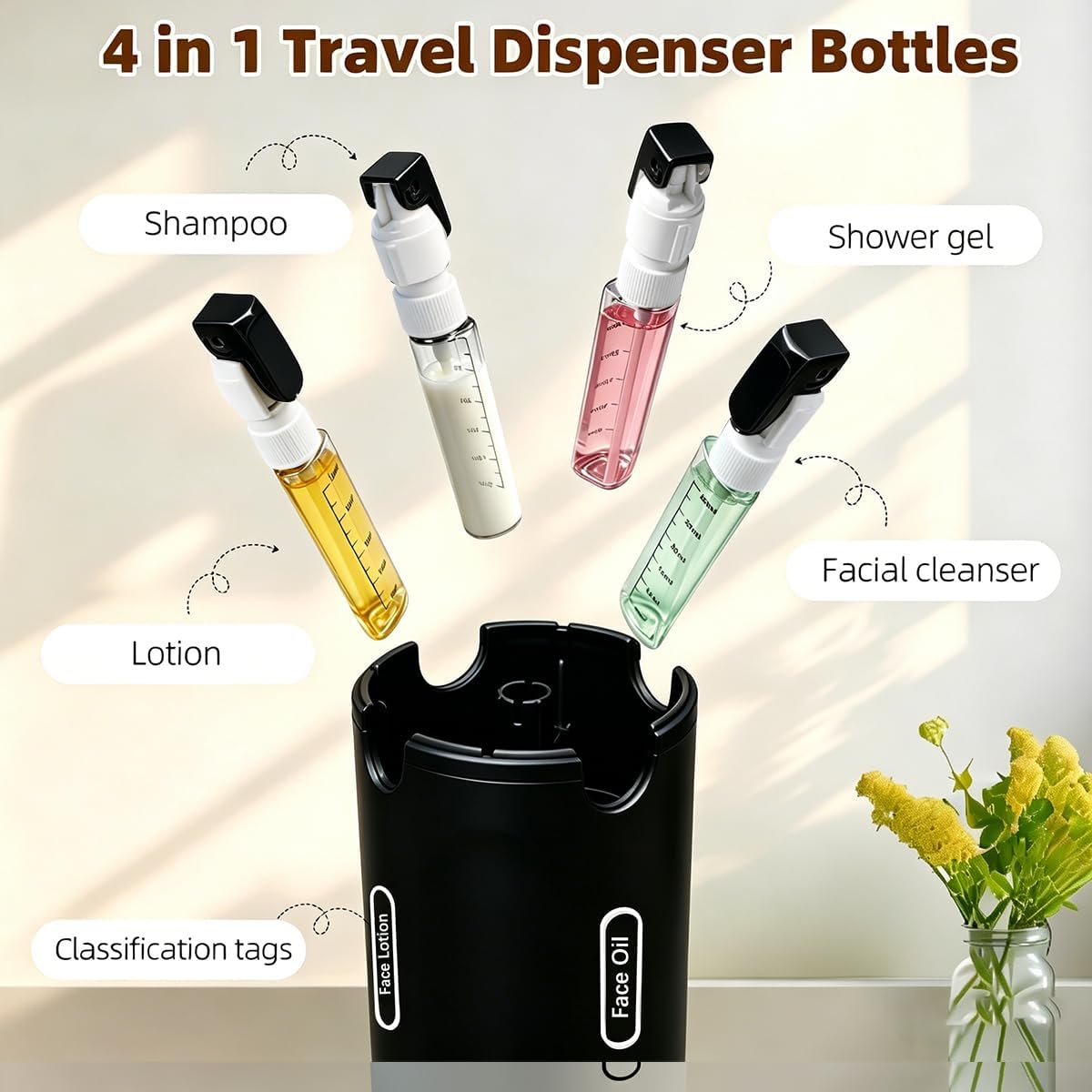 4-in-1 Travel Dispenser Bottle,4 Pack 30ML Travel Bottles for Toiletries, Leak Proof Travel Size Containers (Black)