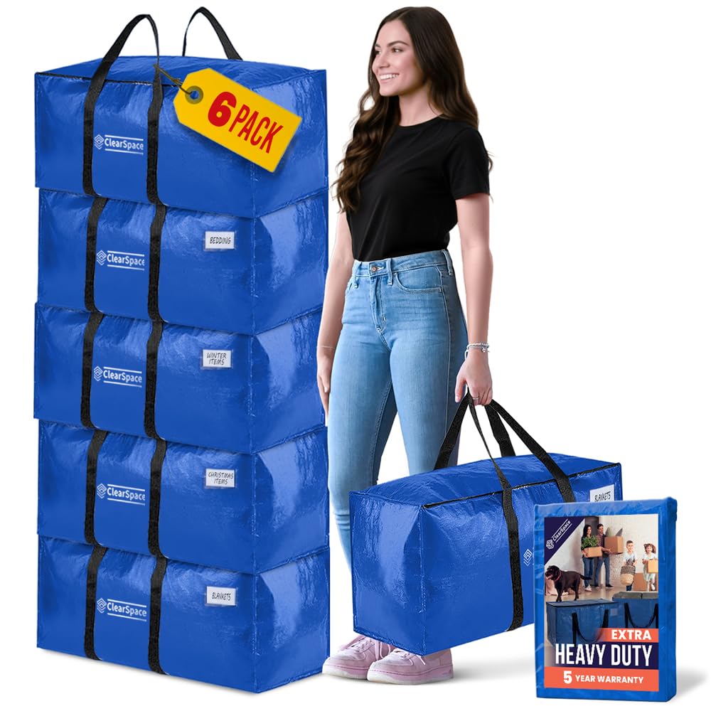 ClearSpace Heavy Duty Moving Bags - Water Resistant Storage Bags with Backpack Straps, Zippers and Handles - Large Moving Boxes for College Dorm, Travel, Closet Organization - 6 Pack, Clear | Heavy-duty moving bags with backpack straps, zippers, and handl