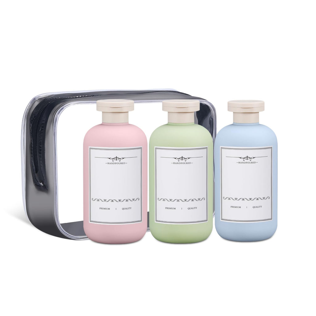 ASEVAT Plastic Leak Proof Travel Bottles for Toiletries, TSA Approved Travel Size Containers, Squeeze Bottles Refillable for Shampoo, Lotion & Body Wash (Blue+Pink+Green, 8.8 oz)