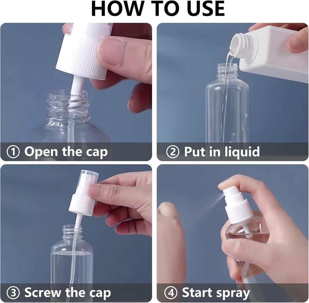 DTDNZKN 4 Pack 3.4 Oz (100ml) TSA Approved Travel Bottles | Travel Size Containers Plastic Spray Bottles withFunnels and Labels - Fine Mist, Refillable, Leak Proof