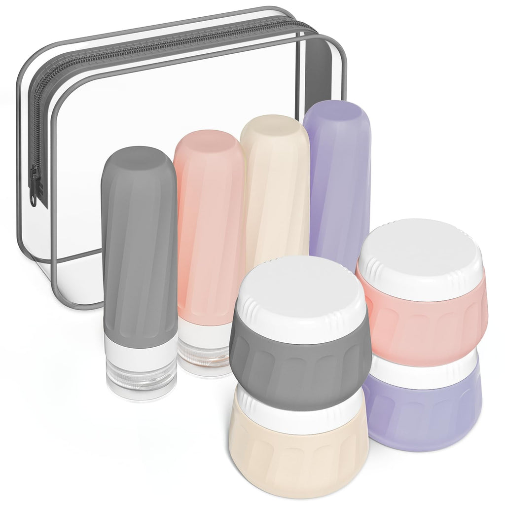Mrsdry Travel Bottles for Toiletries 8 Pack, Travel Size Toiletries, Tsa Approved Travel Size Containers 3oz, with Travel Essentials Clear Bag, Leak Proof Silicone Squeezable Creams Jars