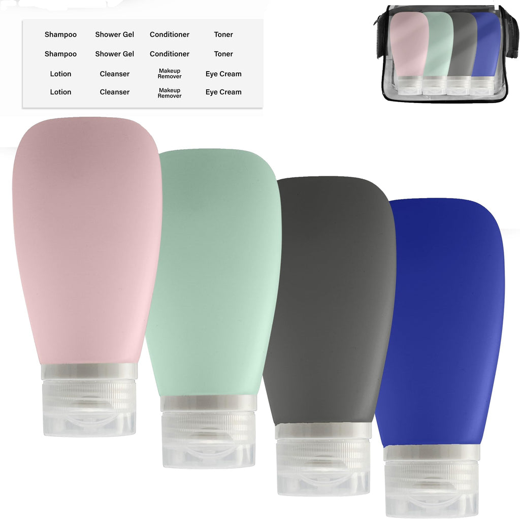 Travel Bottles for Toiletries, TSA Approved 3oz (90ml) Leak Proof Silicone Refillable Squeeze Travel Size Containers BPA Free for Cleansers, Lotions, Shampoo 3-pk (Black-Gray-White)