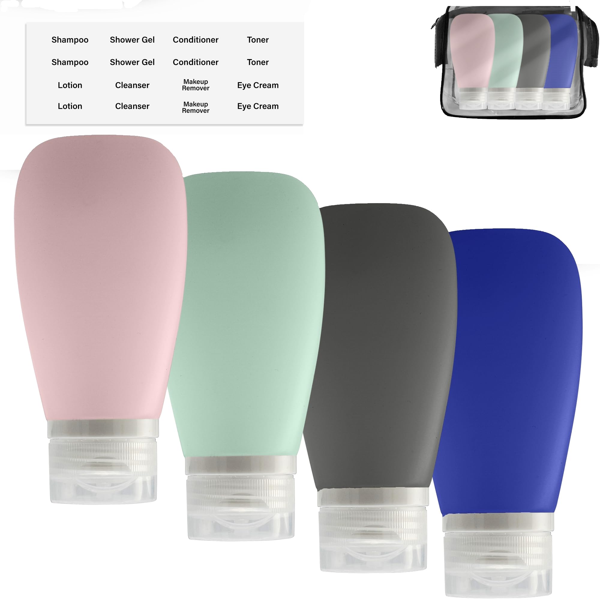 Travel Bottles for Toiletries, TSA Approved 3oz (90ml) Leak Proof Silicone Refillable Squeeze Travel Size Containers BPA Free for Cleansers, Lotions, Shampoo 3-pk (Black-Gray-White)