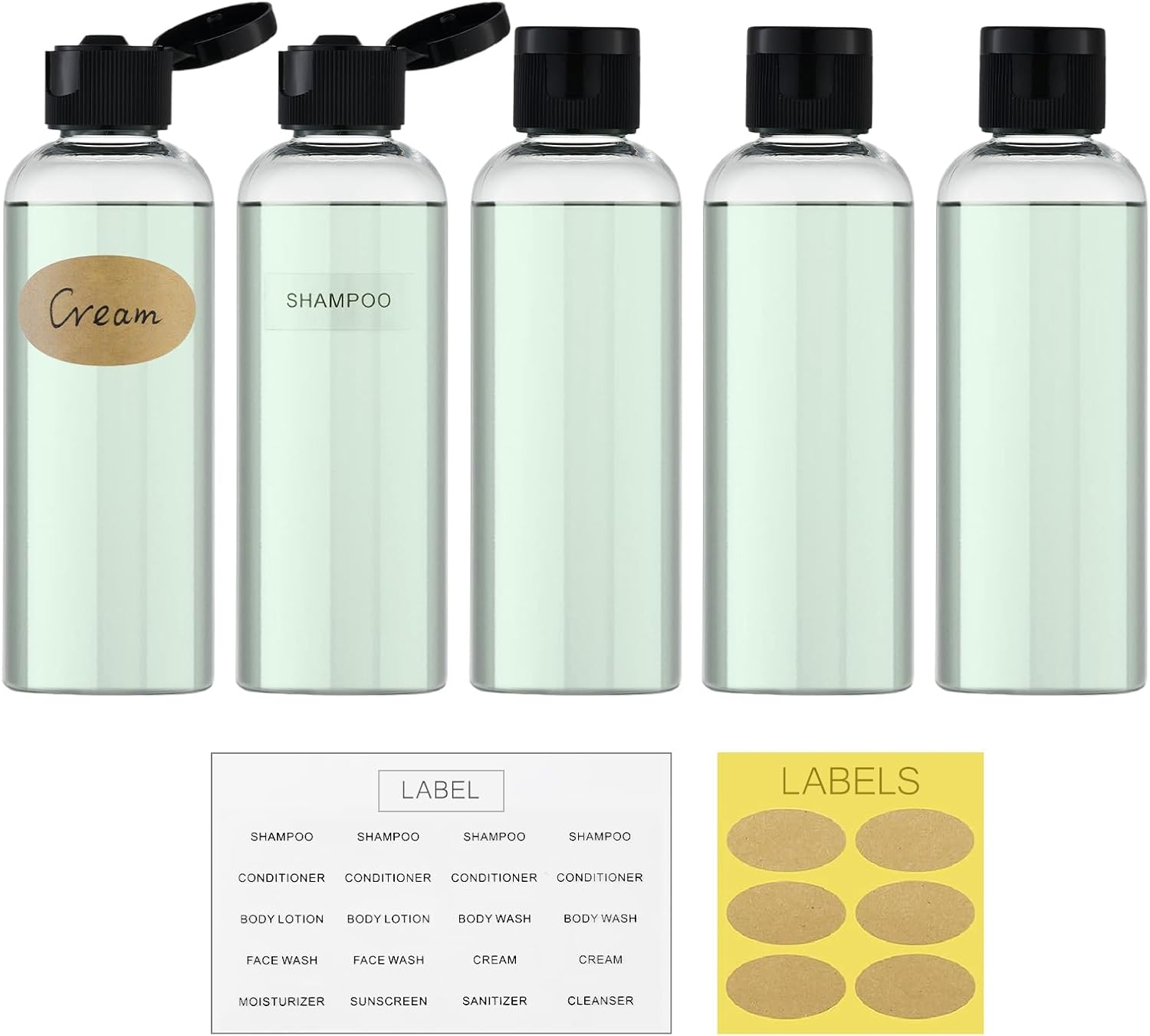 LISAPACK 3.4 oz Travel Bottles for Toiletries, Plastic Shampoo Containers | 5pcs small size dispenser, clear squeeze tubes, leak proof, small empty for liquid, lotion, conditioner, soap, 100 ml, TSA