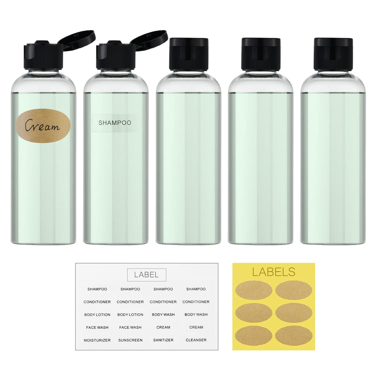 LISAPACK 3.4 oz Travel Bottles for Toiletries, Plastic Shampoo Containers | 5pcs small size dispenser, clear squeeze tubes, leak proof, small empty for liquid, lotion, conditioner, soap, 100 ml, TSA