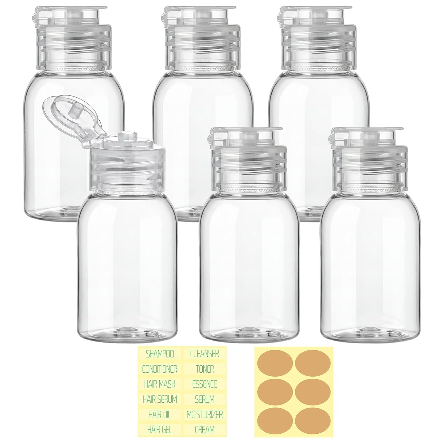 Travel Bottles for Toiletries 6 Pack 2.2oz Leak Proof Containers | Wide Mouth, TSA Approved, Refillable Squeeze Bottles with Flip Cap, for Shampoo Conditioner Body Wash Lotion(Clear)