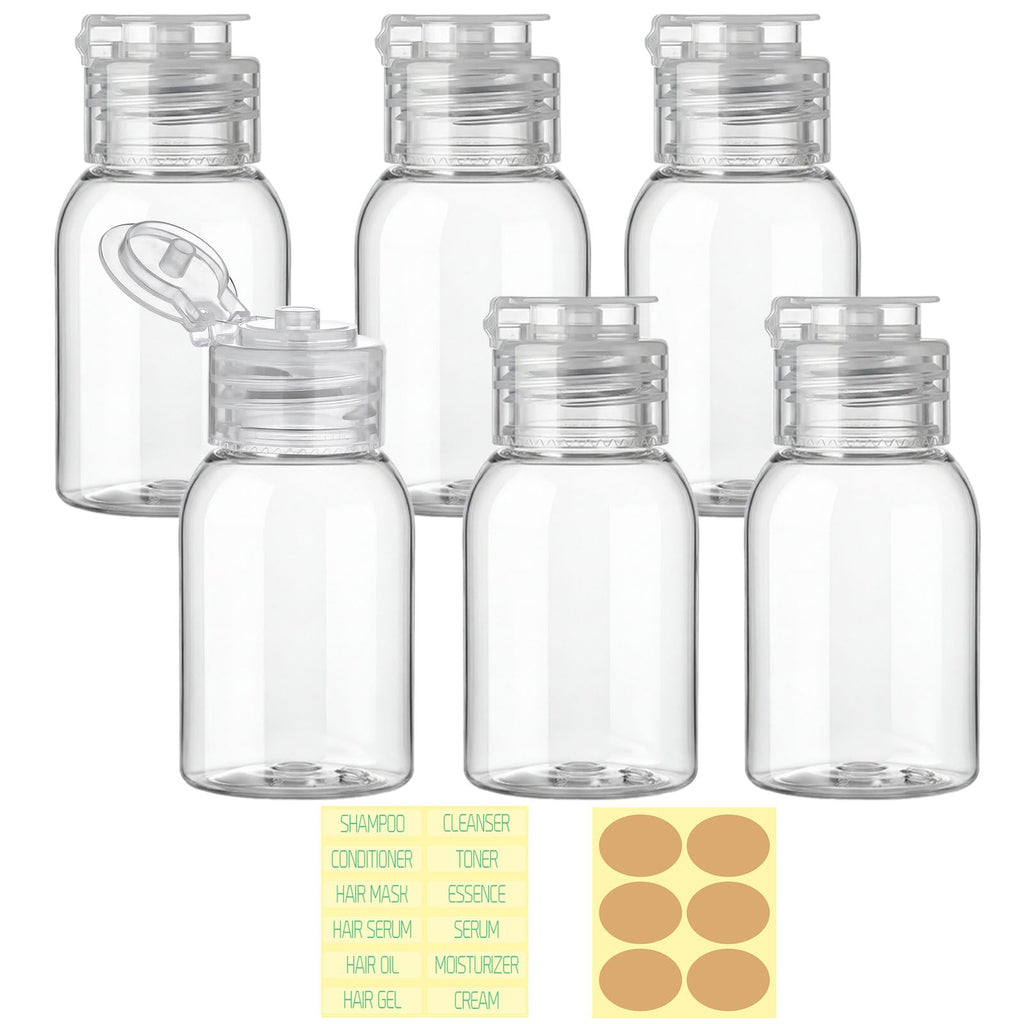 Travel Bottles for Toiletries 6 Pack 2.2oz Leak Proof Containers | Wide Mouth, TSA Approved, Refillable Squeeze Bottles with Flip Cap, for Shampoo Conditioner Body Wash Lotion(Clear)
