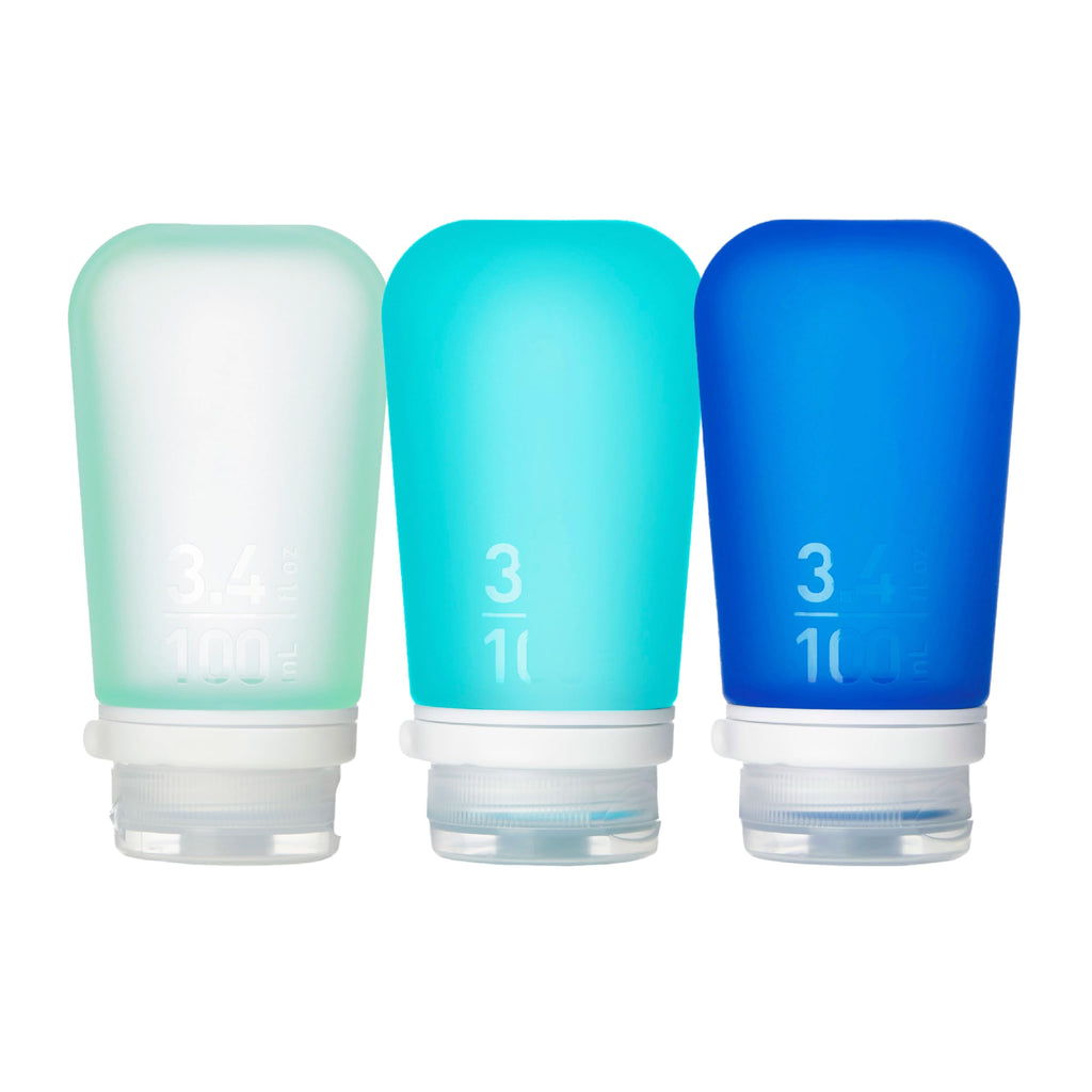 humangear GoToob+ 3-Pack, Small (1.7 fl oz), Clear/Purple/Teal | Refillable & Leak-Proof Silicone Travel Size Bottles with Locking Cap for Toiletries, Camping & TSA Carry-On