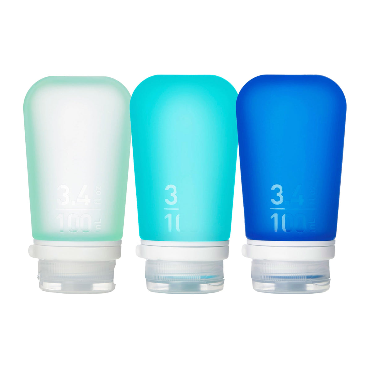 humangear GoToob+ 3-Pack, Small (1.7 fl oz), Clear/Purple/Teal | Refillable & Leak-Proof Silicone Travel Size Bottles with Locking Cap for Toiletries, Camping & TSA Carry-On