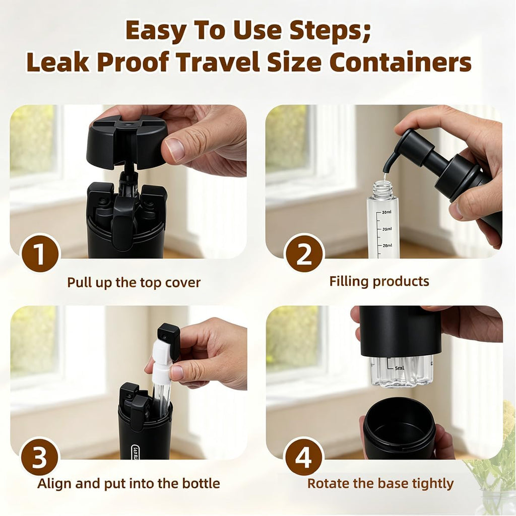 4-in-1 Travel Dispenser Bottle,4 Pack 30ML Travel Bottles for Toiletries, Leak Proof Travel Size Containers (Black)