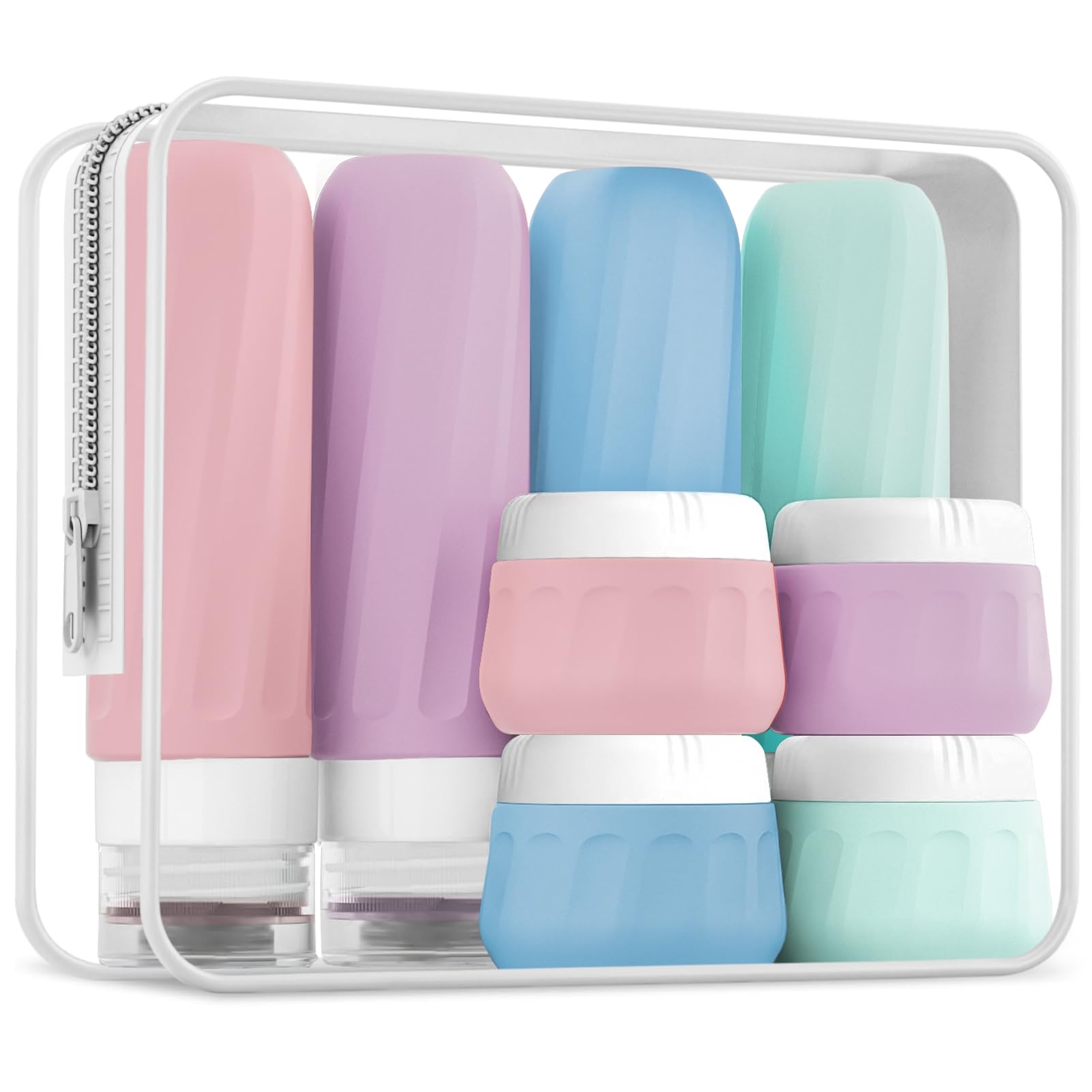 Mrsdry Travel Bottles for Toiletries 8 Pack, Travel Size Toiletries, Tsa Approved Travel Size Containers 3oz, with Travel Essentials Clear Bag, Leak Proof Silicone Squeezable Creams Jars