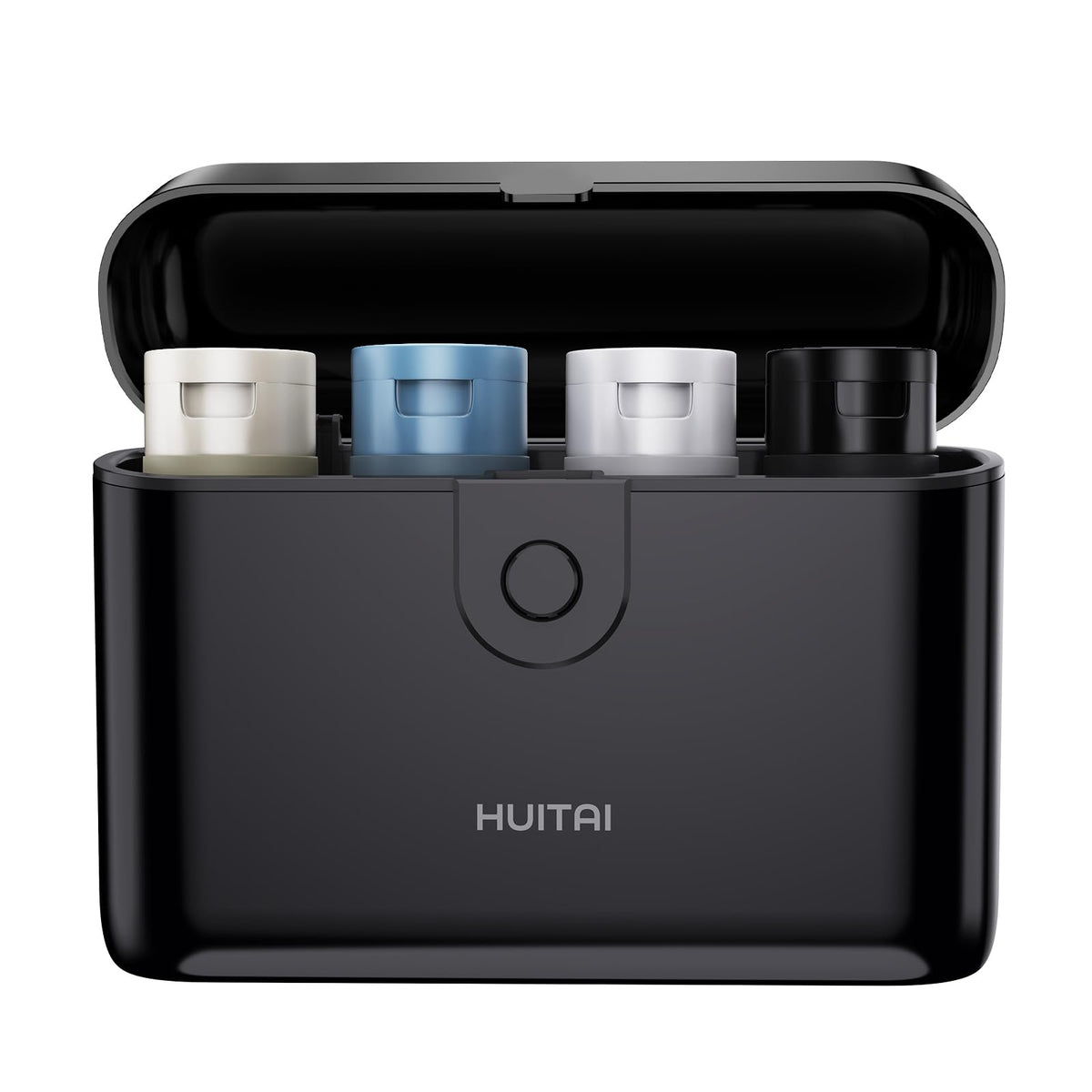 Travel Bottles TSA 4x2oz With Case Leak-Proof Black | Durable ABS hard case, press-to-unlock, 4 individual compartments, wide-mouth bottles for easy fill, leak-proof seals