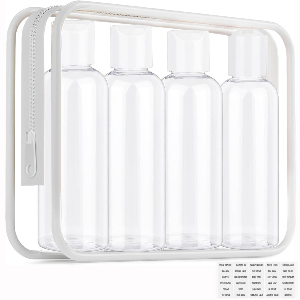 Toiletry Travel Bottles for Men Women, 3.4oz/100ml Refillable Plastic Containers with TSA Approved Toiletry Bag - Clear Cosmetic Kit for Shampoo, Conditioner, Lotion and Travel Essential(4Pack, Black)