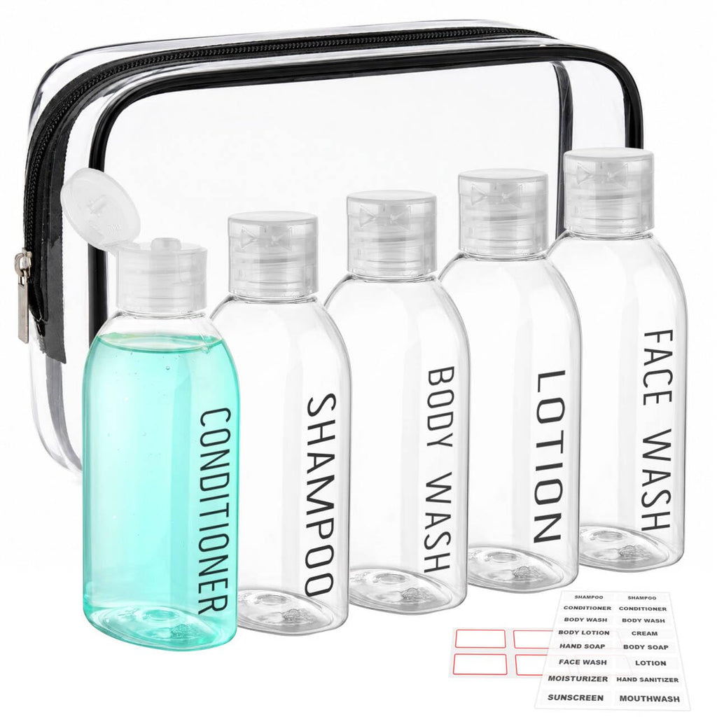 3.4 oz Clear PET Travel Bottles for Toiletries 6-Pack | Reusable, Thick, Tight-Sealing Flip Caps, Print on Label, Permanent Identification Stays, 2 Label Sheets, for Toiletries