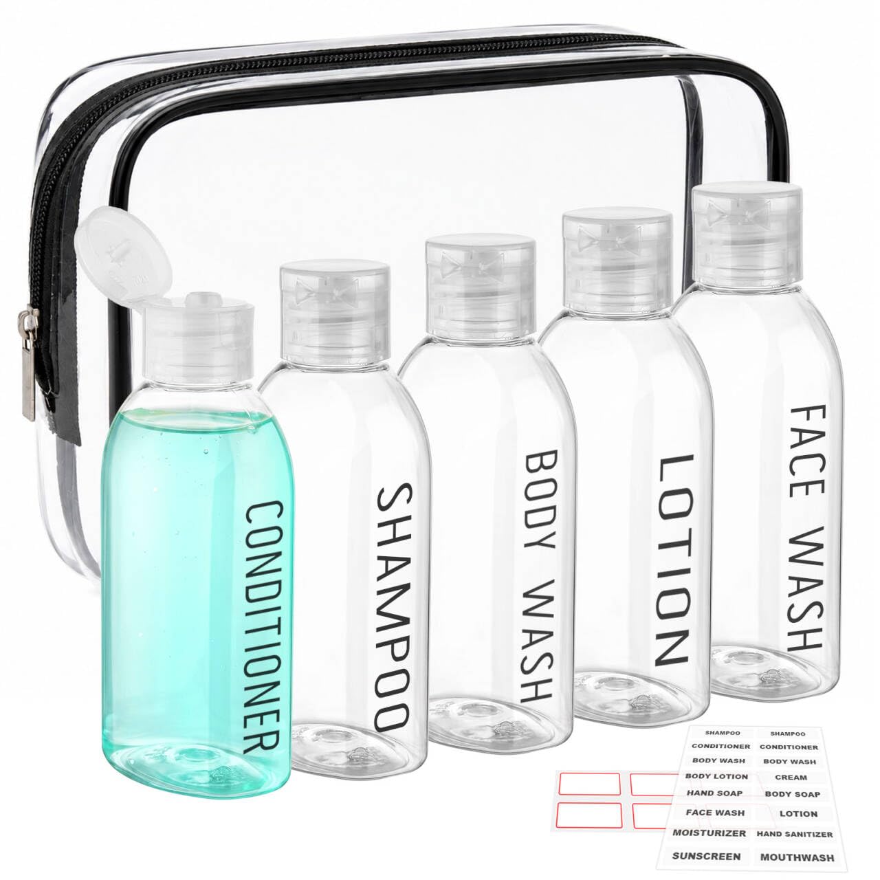 3.4 oz Clear PET Travel Bottles for Toiletries 6-Pack | Reusable, Thick, Tight-Sealing Flip Caps, Print on Label, Permanent Identification Stays, 2 Label Sheets, for Toiletries