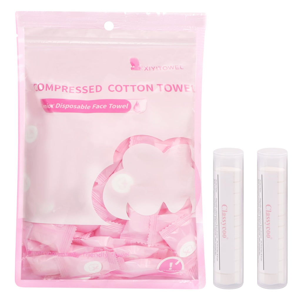 Classycoo Compressed Towels Tablets - Face Towels Disposable, Mini 100 Pack | Soft Individually Wrapped, Cotton, Expands in Seconds, Candy-Shaped, NO-Odor, Facial Washcloths Cleaning/Travel/Camping, Pink