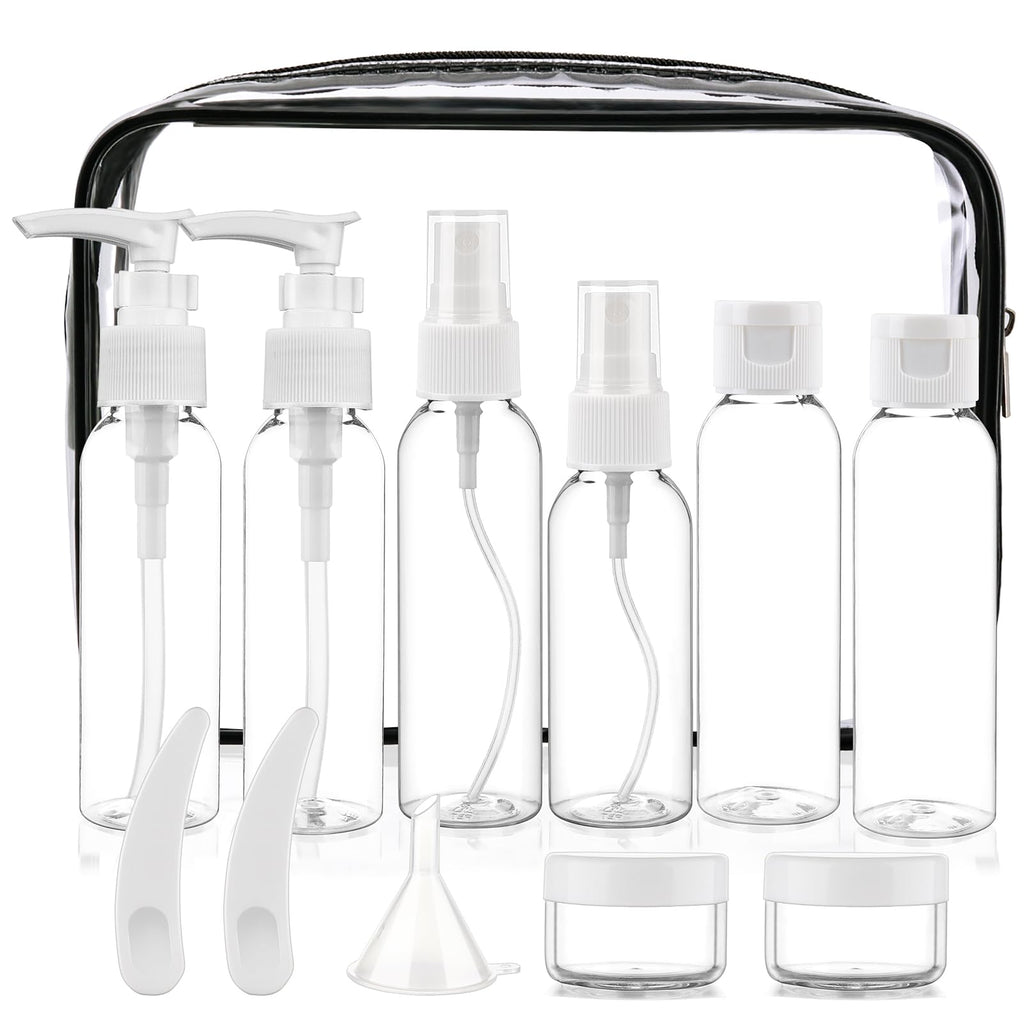 Cosywell 13-Piece 2 oz TSA Approved Travel Bottles for Toiletries Kit | Refillable set Includes Pump, Spray and Flip-cap Bottles, Cream Jars, Spatulas, Funnel and Clear Bag for Shampoo and Lotion