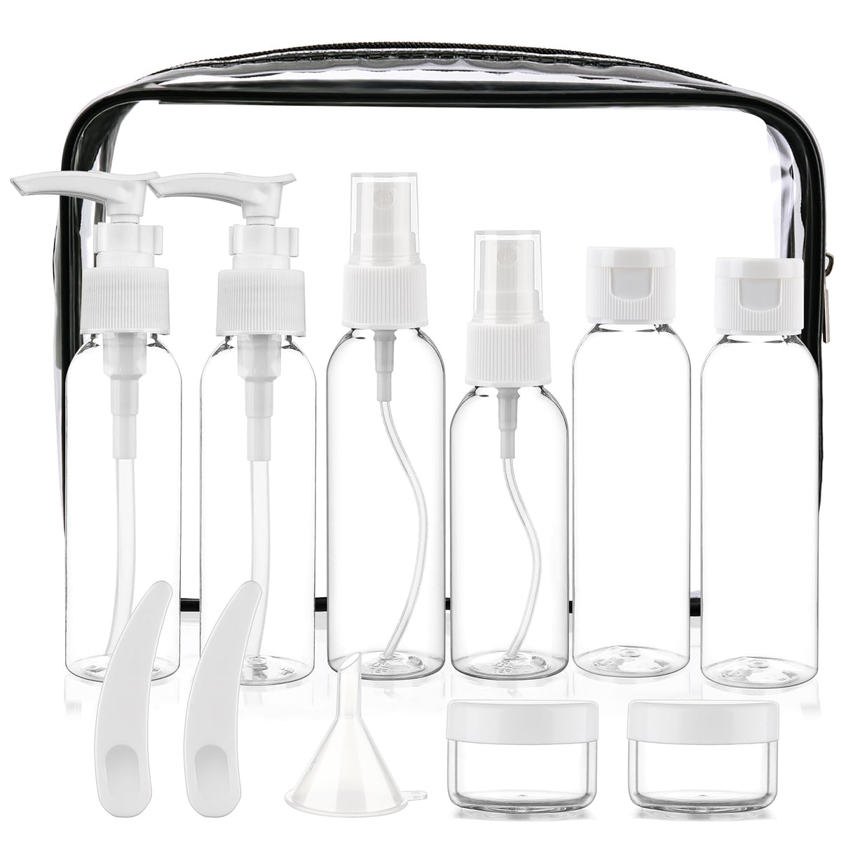 Cosywell 13-Piece 2 oz TSA Approved Travel Bottles for Toiletries Kit | Refillable set Includes Pump, Spray and Flip-cap Bottles, Cream Jars, Spatulas, Funnel and Clear Bag for Shampoo and Lotion