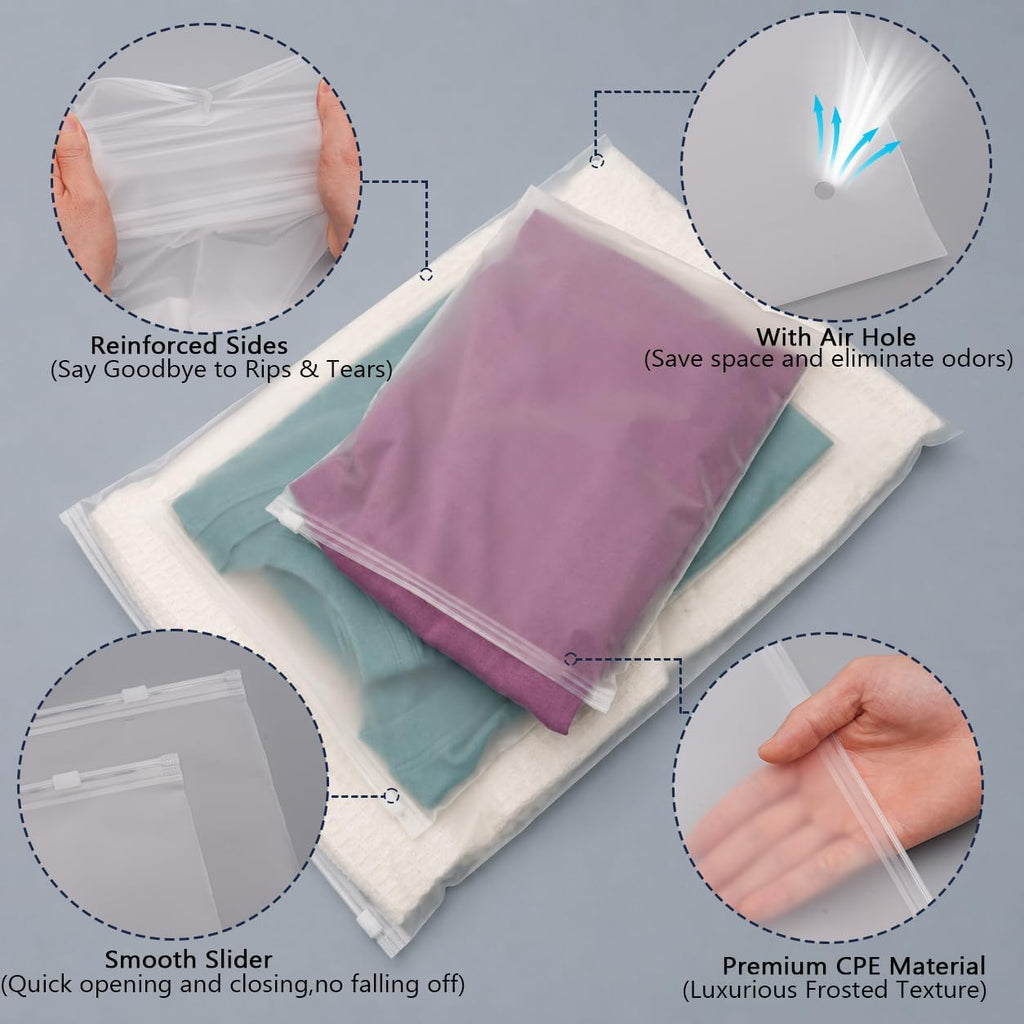 JinRuiKJ 100 Pack Clothes Packaging Bags for Shipping, 10x13'' Frosted Zipper Bag for Clothing Storage or Small Businesses, 3 Mil Thickened Plastic Frosted Bags with Vent Holes (M)