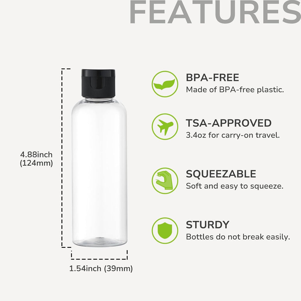 LISAPACK 3.4 oz Travel Bottles for Toiletries, Plastic Shampoo Containers | 5pcs small size dispenser, clear squeeze tubes, leak proof, small empty for liquid, lotion, conditioner, soap, 100 ml, TSA
