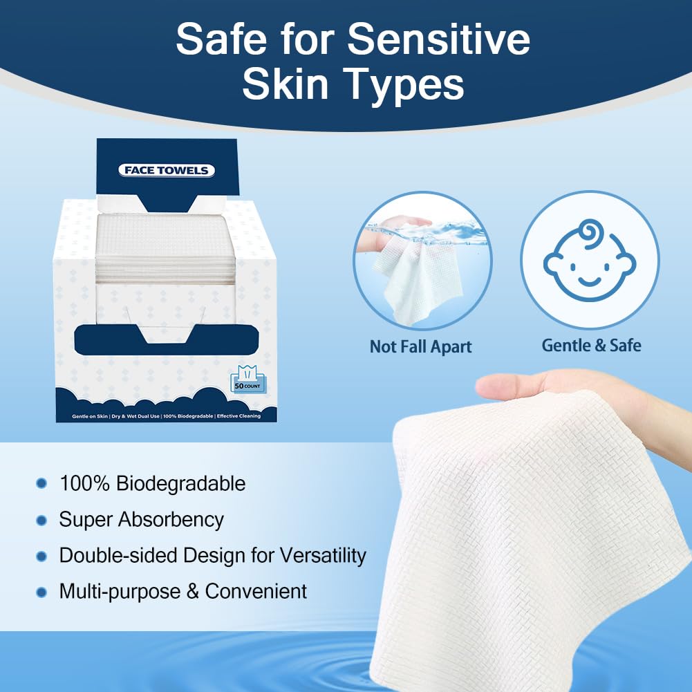 GLIMGLINT Face Towels, Disposable Face Towelettes 100 Count (2 Box) | Biodegradable Makeup Remover Dry Wipes, Super Soft Clean Facial Towels Wash Cloth for Sensitive Skin