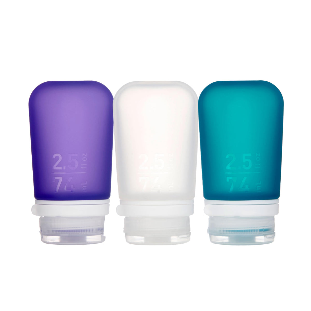 humangear GoToob+ 3-Pack, Small (1.7 fl oz), Clear/Purple/Teal | Refillable & Leak-Proof Silicone Travel Size Bottles with Locking Cap for Toiletries, Camping & TSA Carry-On