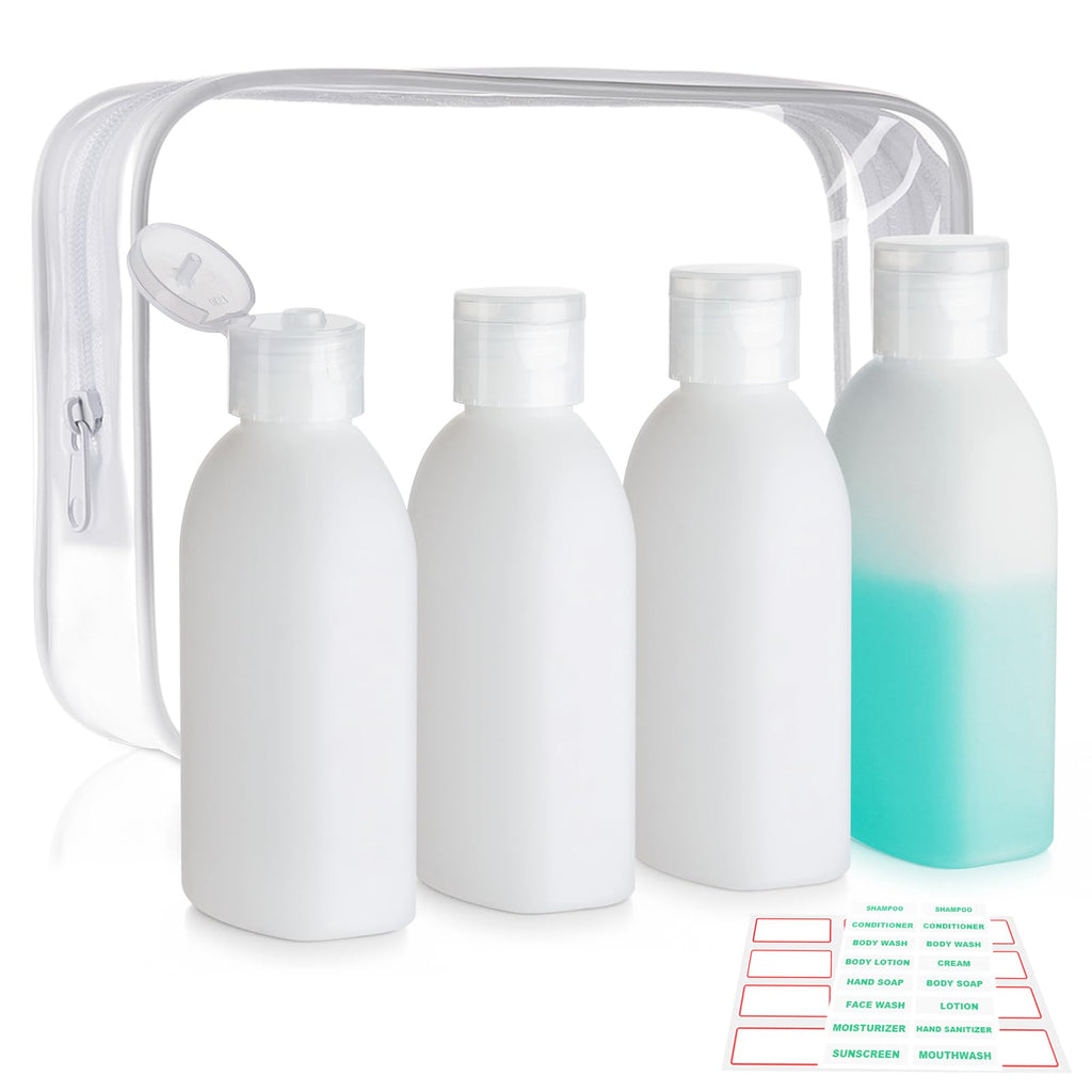 Cosywell Travel Bottles for Toiletries 5 Pack 3.4oz Travel Size Containers | Pre-Printed Shampoo, Conditioner, Body Soap, Soft Touch HDPE ,TSA Approved, Leak Proof, Squeezable Toiletry Bottle(White)