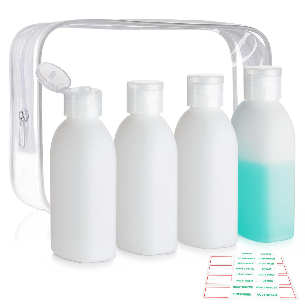 Cosywell Travel Bottles for Toiletries 5 Pack 3.4oz Travel Size Containers | Pre-Printed Shampoo, Conditioner, Body Soap, Soft Touch HDPE ,TSA Approved, Leak Proof, Squeezable Toiletry Bottle(White)