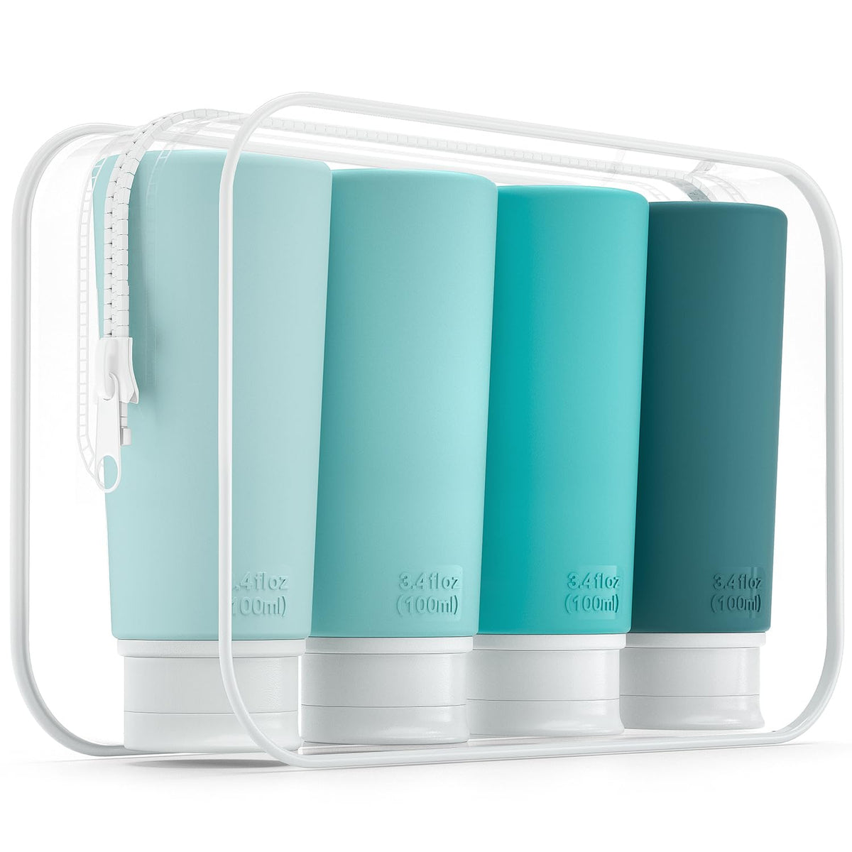 TakeToday Travel Bottles for Toiletries 3.4oz 4 Pack, TSA Leak Proof | BPA Free, Leak Guard, Clear Pouch, 4 Colors Available, for Travel and Gym
