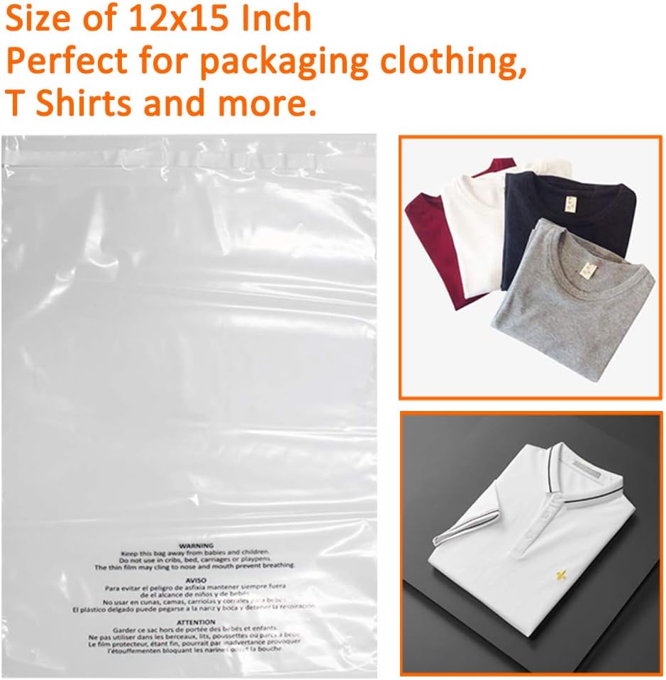 200 Count 12x15 Inch Self Seal Clear Poly Bags | with Suffocation Warning for Packaging Clothing, T Shirts, Decorative Wrappers and More with Permanent Adhesive (1.5mil)