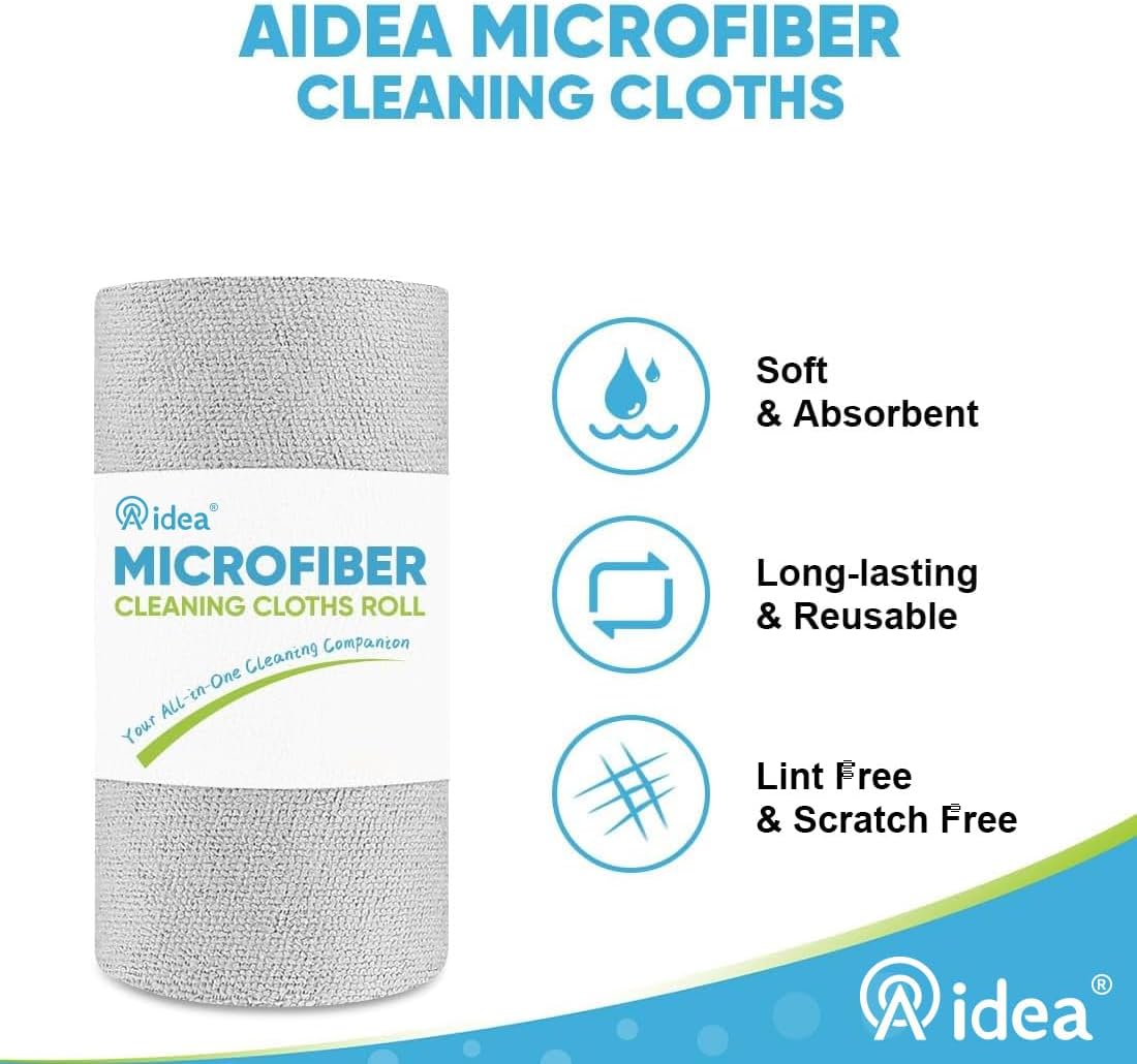 AIDEA Microfiber Cleaning Cloth Roll-50PK, Paper Towels Reusable 11.5×11.5" | Tear Away Towels, Washable Shop Rags, Microfiber Towels for Cars, Lint Free Rags for House, Kitchen, Window, Grey