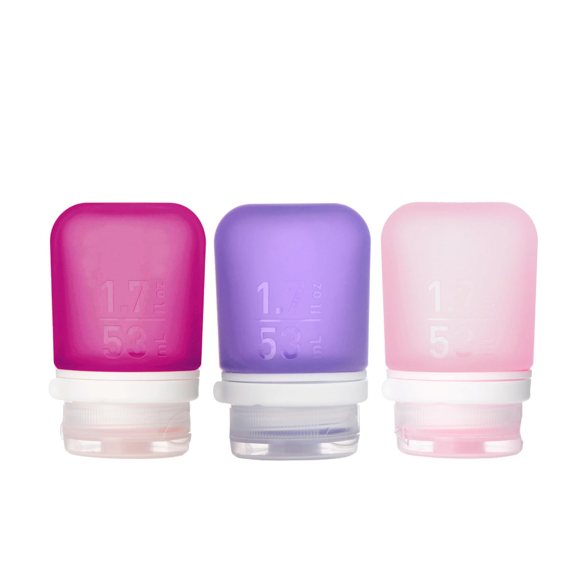 humangear GoToob+ 3-Pack, Small (1.7 fl oz), Clear/Purple/Teal | Refillable & Leak-Proof Silicone Travel Size Bottles with Locking Cap for Toiletries, Camping & TSA Carry-On