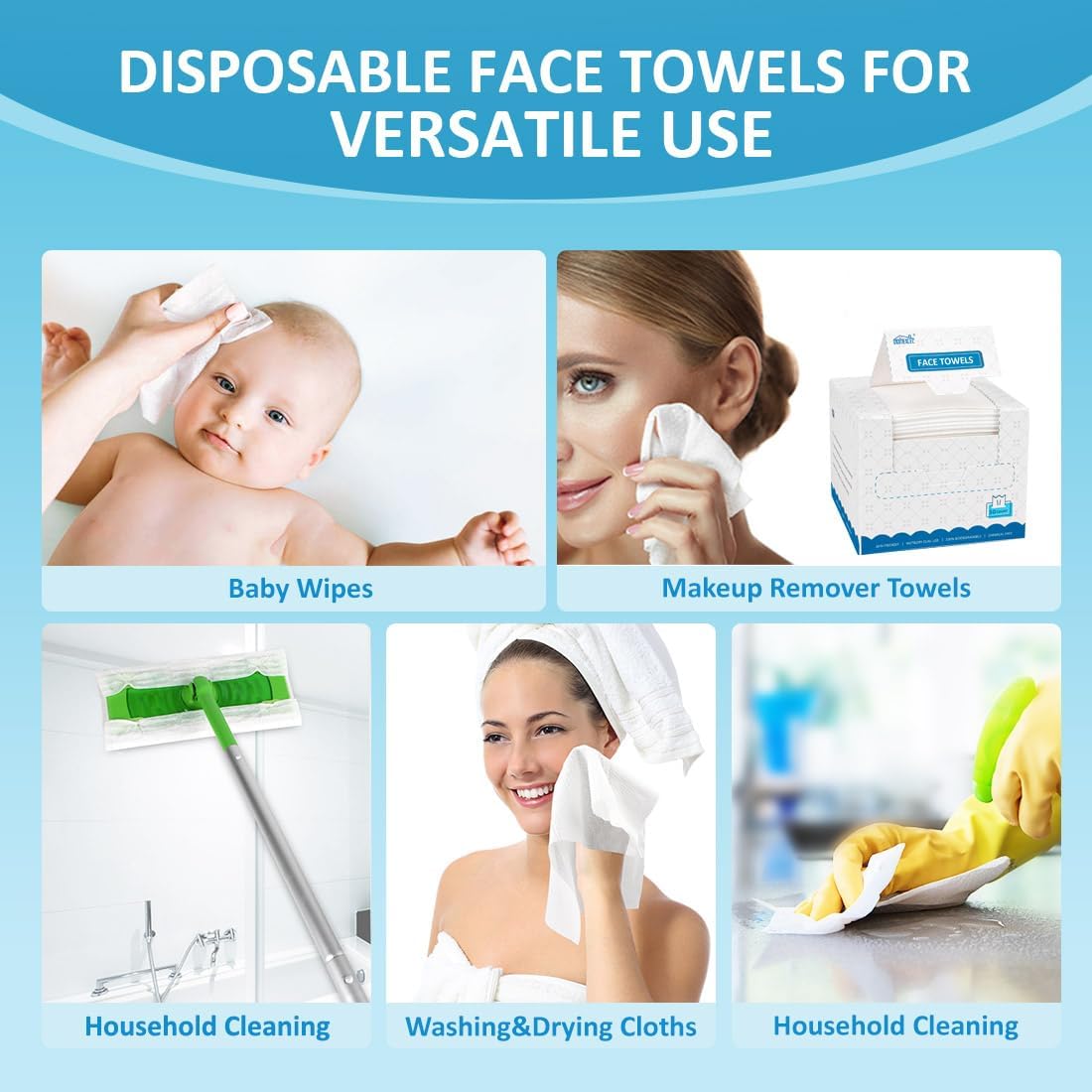 HOMEXCEL Face Towels, Disposable Face Towelette Ultra Soft & Absorbent | Biodegradable Makeup Remover Dry Wipes, Facial Wash Cloth for All Skin, Lint-Free for Skincare & Cleansing, 100 Count (2 Box)