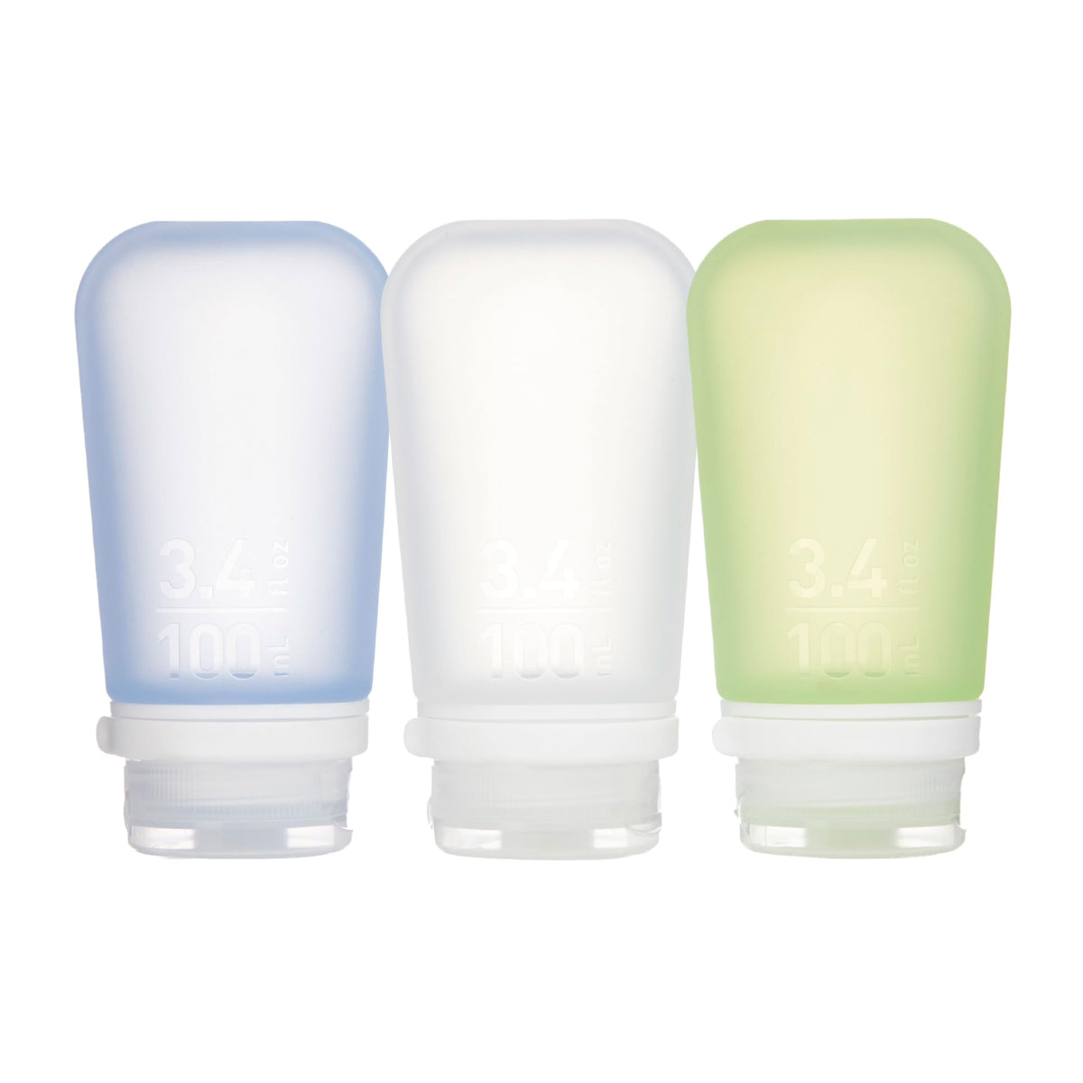 humangear GoToob+ 3-Pack, Small (1.7 fl oz), Clear/Purple/Teal | Refillable & Leak-Proof Silicone Travel Size Bottles with Locking Cap for Toiletries, Camping & TSA Carry-On
