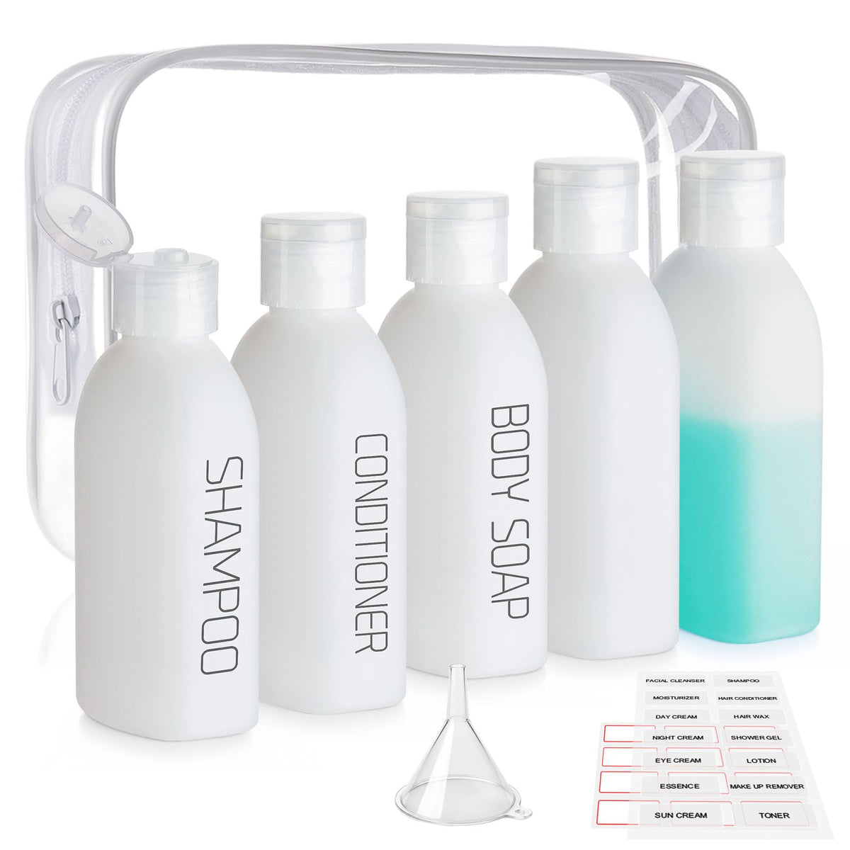 Cosywell Travel Bottles for Toiletries 5 Pack 3.4oz Travel Size Containers | Pre-Printed Shampoo, Conditioner, Body Soap, Soft Touch HDPE ,TSA Approved, Leak Proof, Squeezable Toiletry Bottle(White)