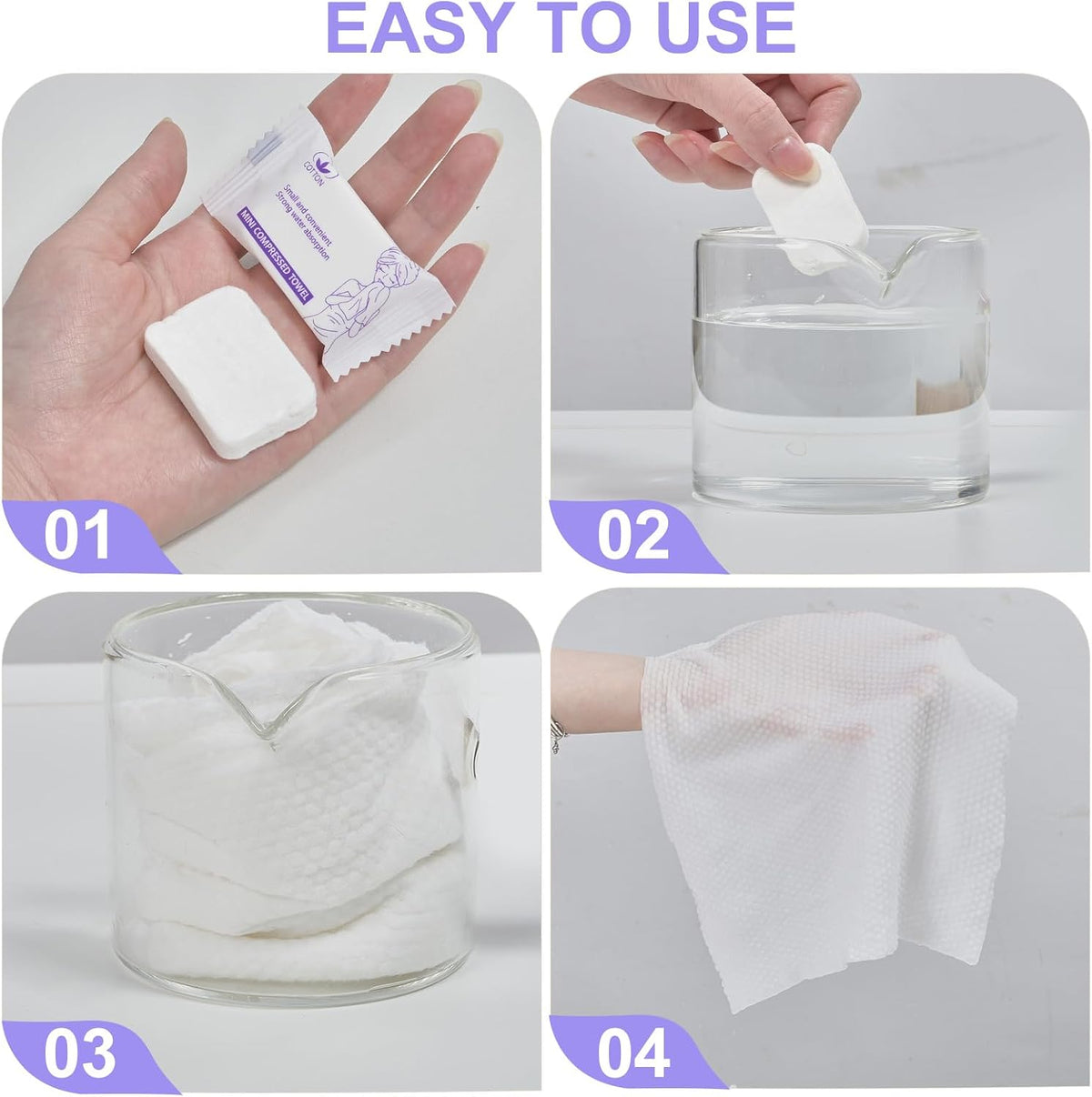 Disposable Compressed Face Towels, 50 Pcs Individually Wrapped, Pure Cotton Travel Washcloths 11.8 x 9.5 in, Soft & Lint-Free, Portable for Travel & Business Trips