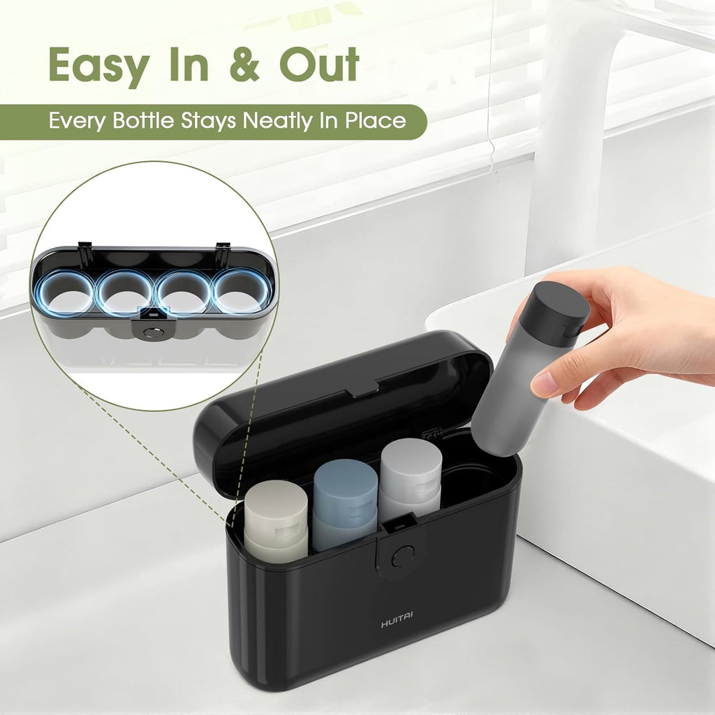Travel Bottles TSA 4x2oz With Case Leak-Proof Black | Durable ABS hard case, press-to-unlock, 4 individual compartments, wide-mouth bottles for easy fill, leak-proof seals