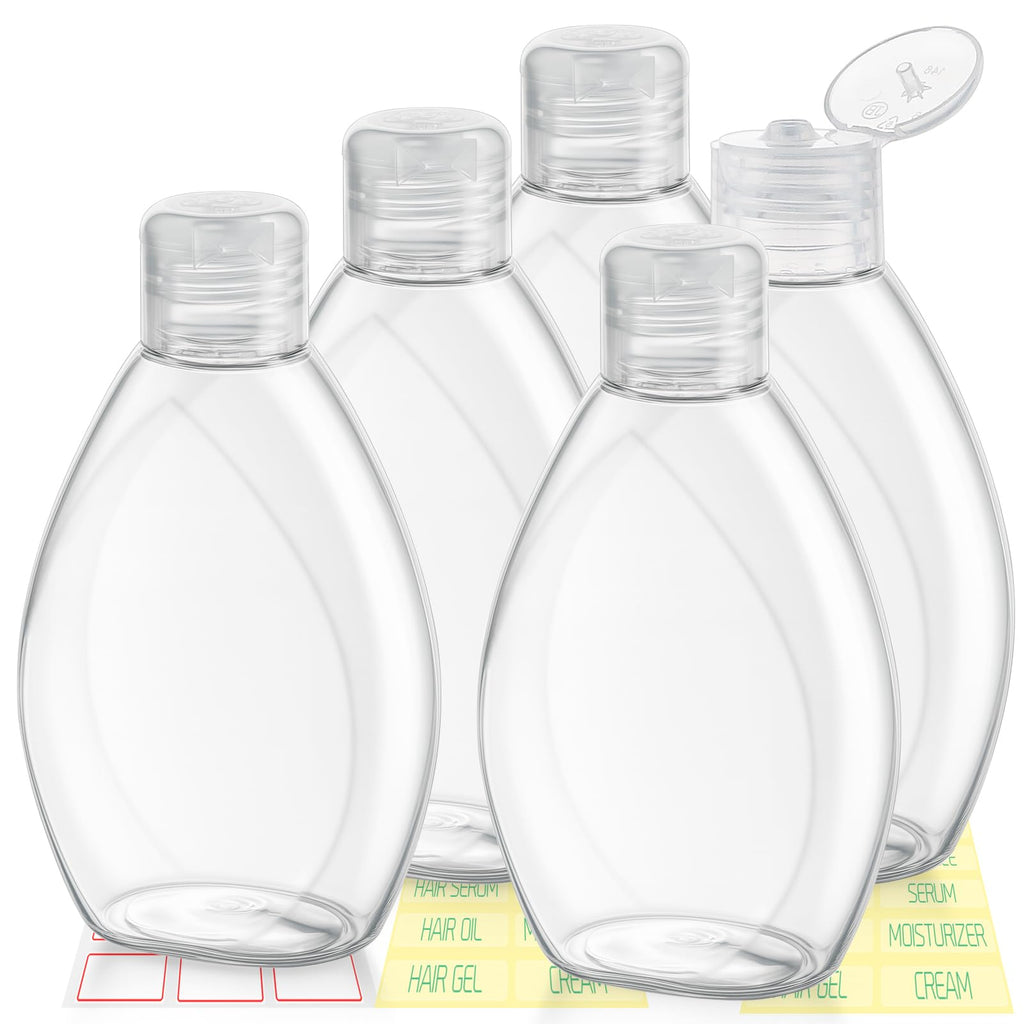 Travel Bottles for Toiletries 5 Pack 2oz TSA Approved Squeeze Bottle | Clear Travel Size Containers, Leak-proof, Shampoo and Conditioner Bottles, Refillable Plastic Toiletry Bottle, with Lables