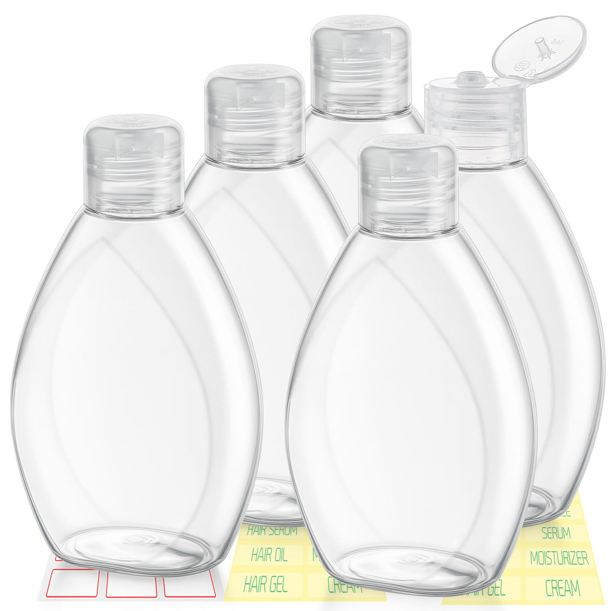 Travel Bottles for Toiletries 5 Pack 2oz TSA Approved Squeeze Bottle | Clear Travel Size Containers, Leak-proof, Shampoo and Conditioner Bottles, Refillable Plastic Toiletry Bottle, with Lables