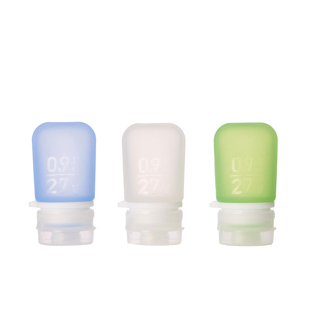 humangear GoToob+ 3-Pack, Small (1.7 fl oz), Clear/Purple/Teal | Refillable & Leak-Proof Silicone Travel Size Bottles with Locking Cap for Toiletries, Camping & TSA Carry-On