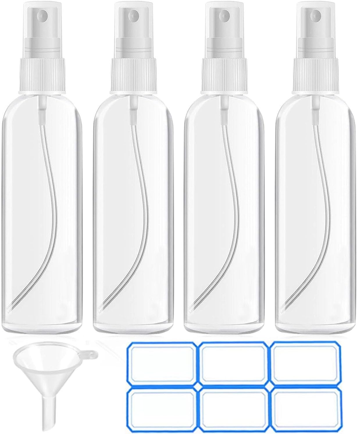 DTDNZKN 4 Pack 3.4 Oz (100ml) TSA Approved Travel Bottles | Travel Size Containers Plastic Spray Bottles withFunnels and Labels - Fine Mist, Refillable, Leak Proof