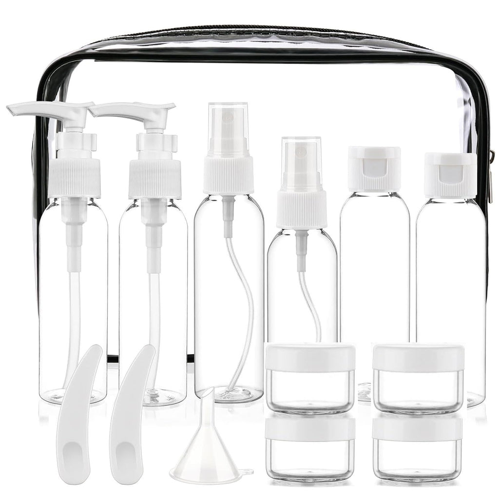 Cosywell 13-Piece 2 oz TSA Approved Travel Bottles for Toiletries Kit | Refillable set Includes Pump, Spray and Flip-cap Bottles, Cream Jars, Spatulas, Funnel and Clear Bag for Shampoo and Lotion