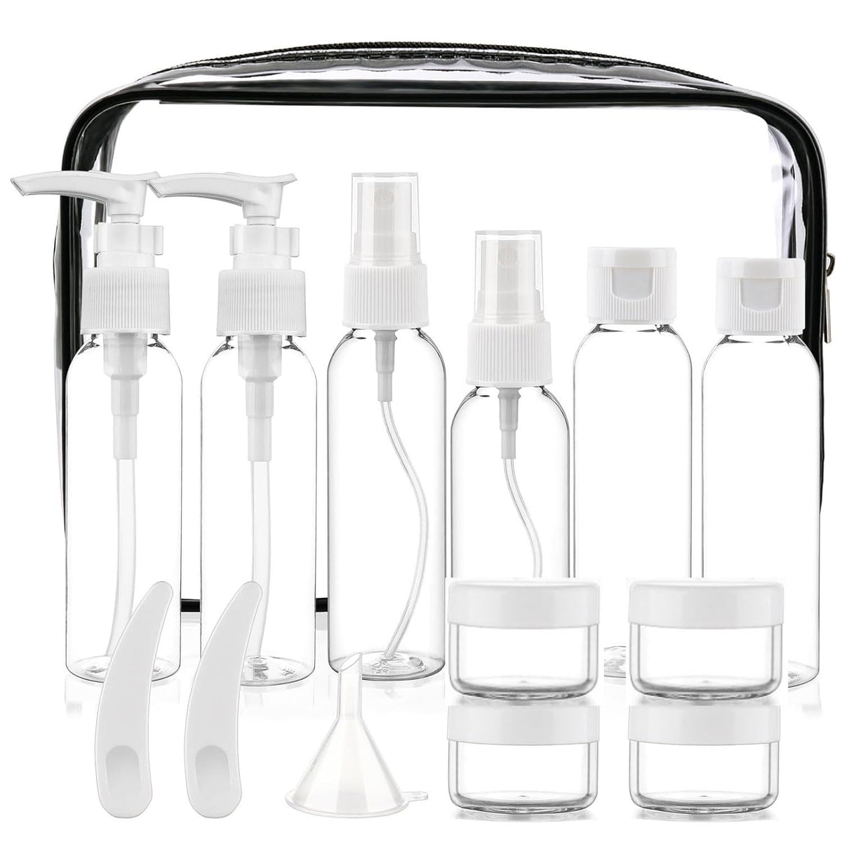 Cosywell 13-Piece 2 oz TSA Approved Travel Bottles for Toiletries Kit | Refillable set Includes Pump, Spray and Flip-cap Bottles, Cream Jars, Spatulas, Funnel and Clear Bag for Shampoo and Lotion