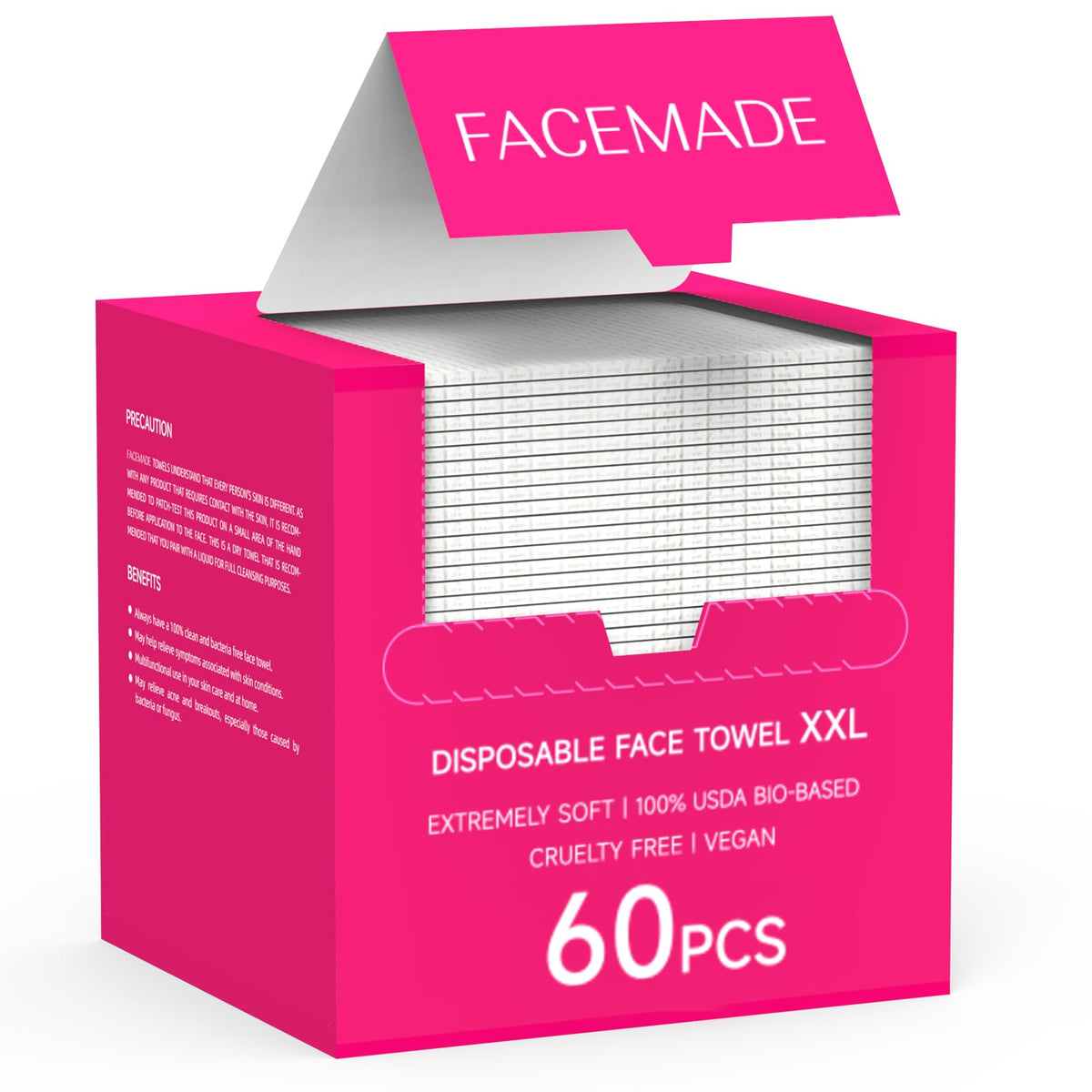 FACEMADE 60 Count XXL Face Towels Disposable 12" × 12" | 20% Larger and 20% More than Others | Lint-free and Odor-free | Soft and Clean, Perfect for Sensitive Skin Types